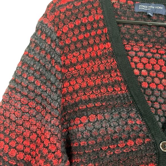 Jones New York Signature Red Black Textured Knit Cardigan Sweater XL Button - Picture 6 of 11